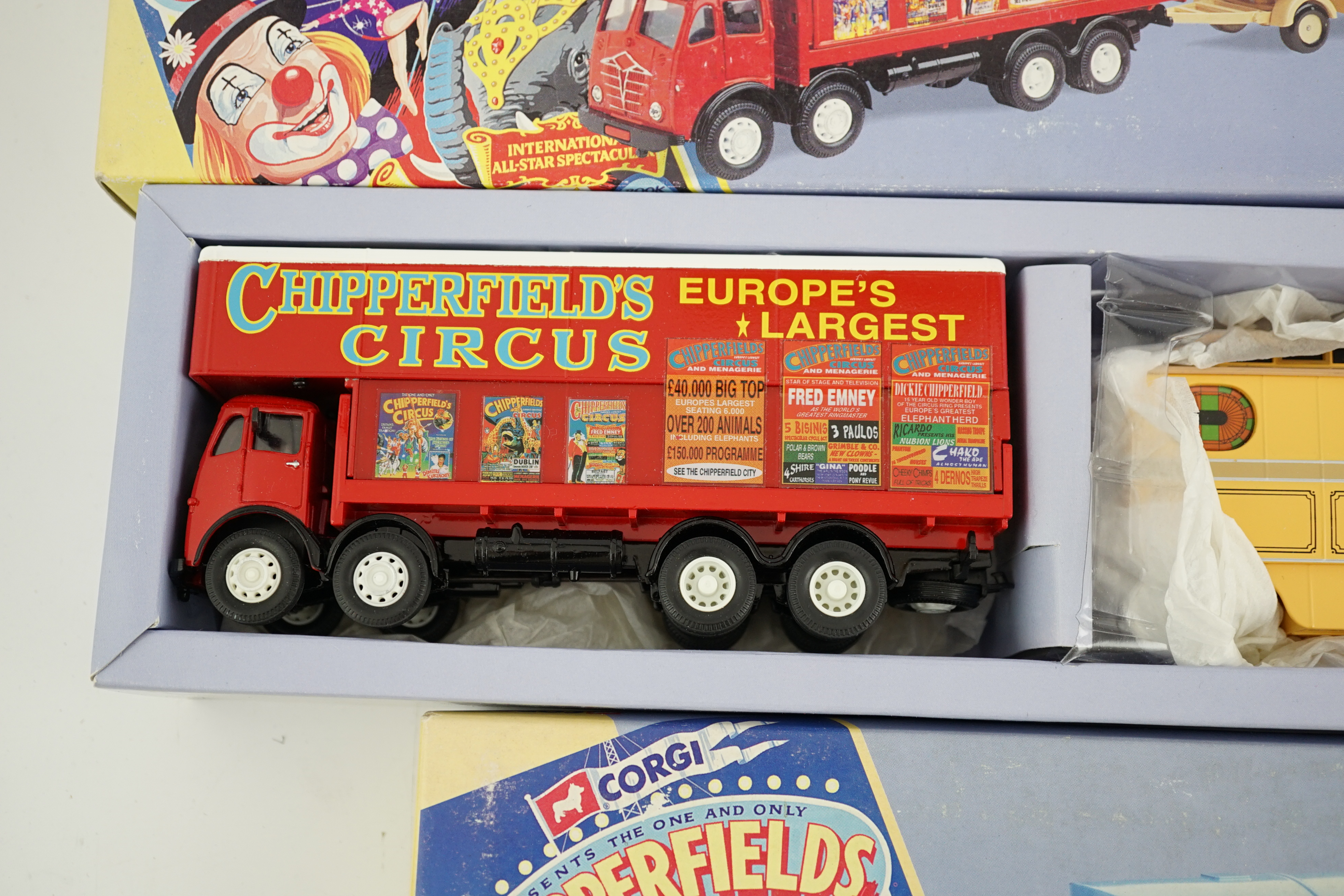 Six boxed Corgi Classics Chipperfields Circus vehicles including; a Scammell Highwayman and trailer, Foden closed pole truck, Bedford horsebox, ERF truck, etc.